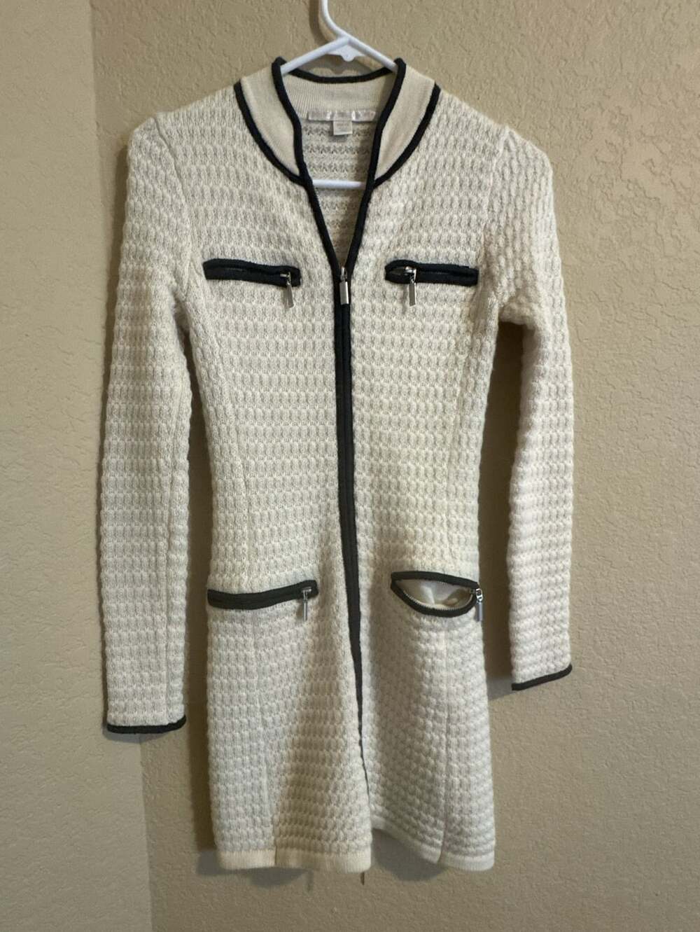Boston Proper Zip Knit Dress Size XS Cream Black Trim Mock Neck
